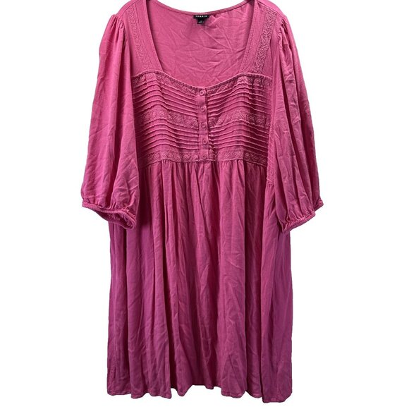 Torrid Mini Dress 3X Solid Pink Prairie Puff 3/4 Sleeves Cottagecore Bohemian - Picture 1 of 6